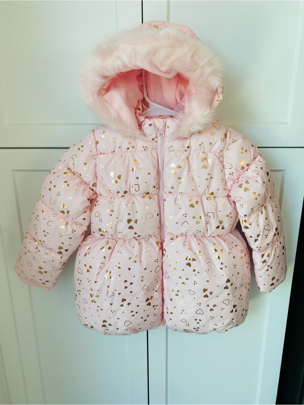 Girls George 5T puffer pink heart winter jacket warm hooded nwt